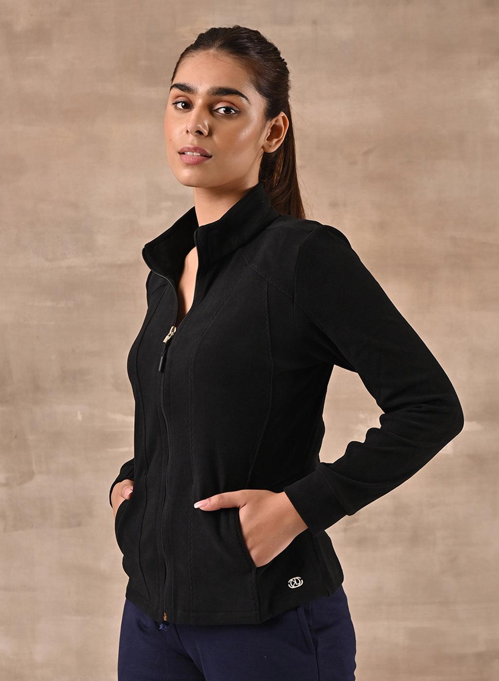 Black Woolen High Neck Jacket with Zig Zag Stitch Detail - Lakshita