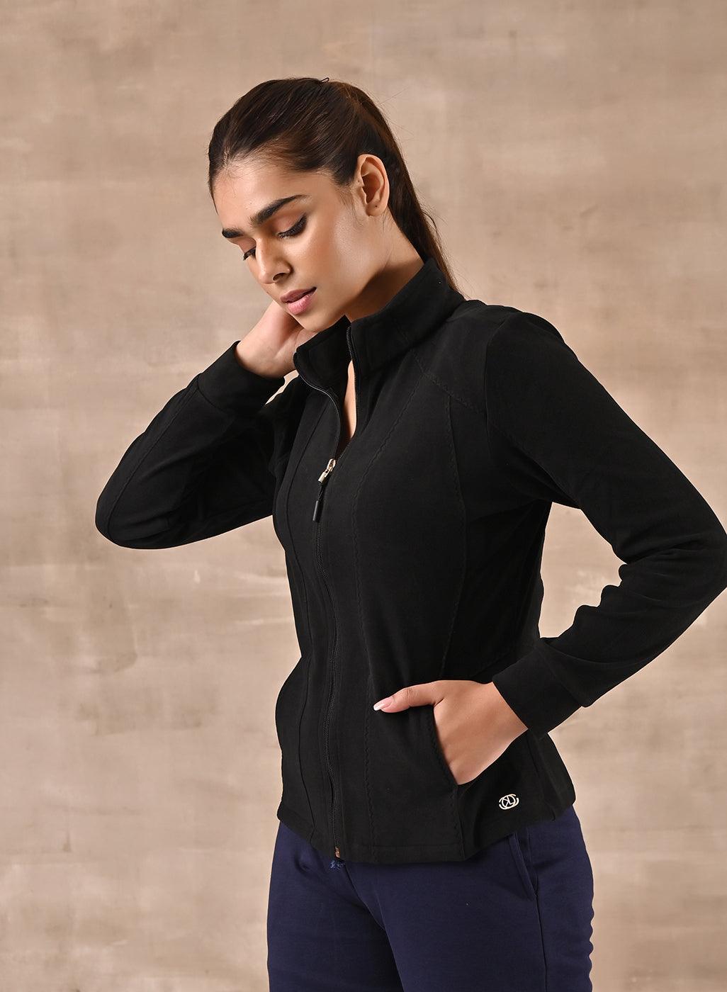 Black Woolen High Neck Jacket with Zig Zag Stitch Detail - Lakshita