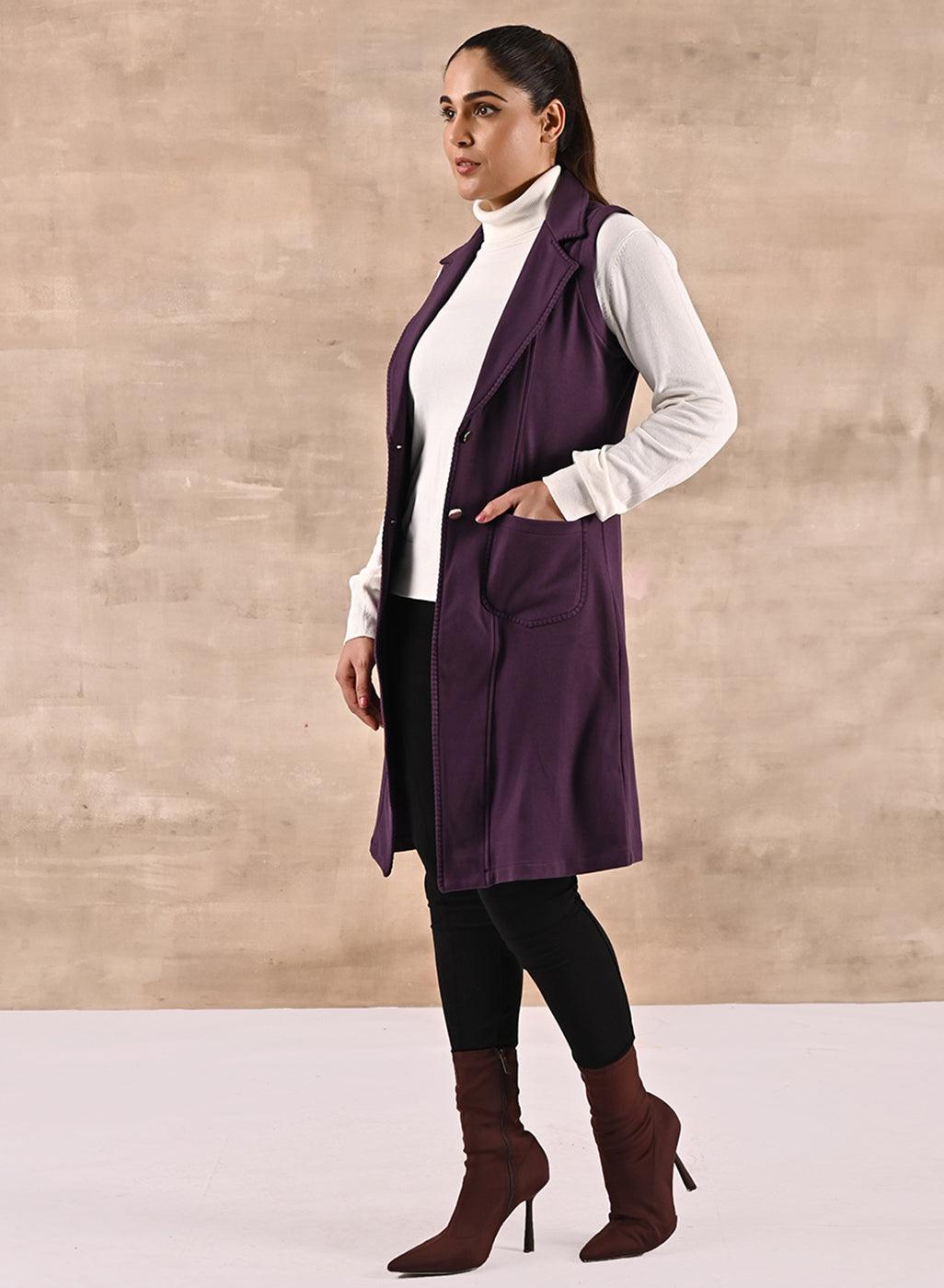 Purple Sleeveless Trench Coat with Notch Collar - Lakshita