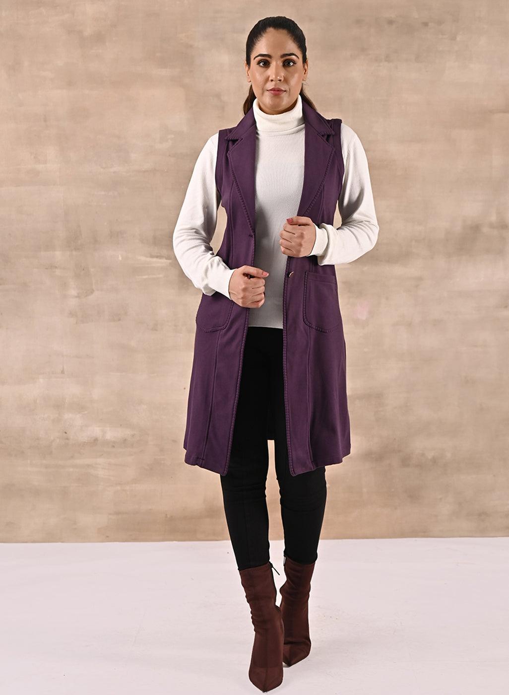 Purple Sleeveless Trench Coat with Notch Collar - Lakshita