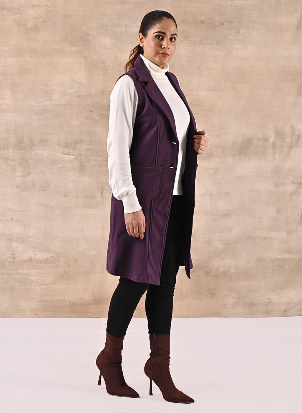 Purple Sleeveless Trench Coat with Notch Collar - Lakshita