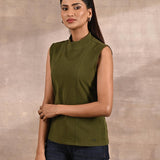 Olive Sleeveless Winter Top with Fine Stich Detailing - Lakshita