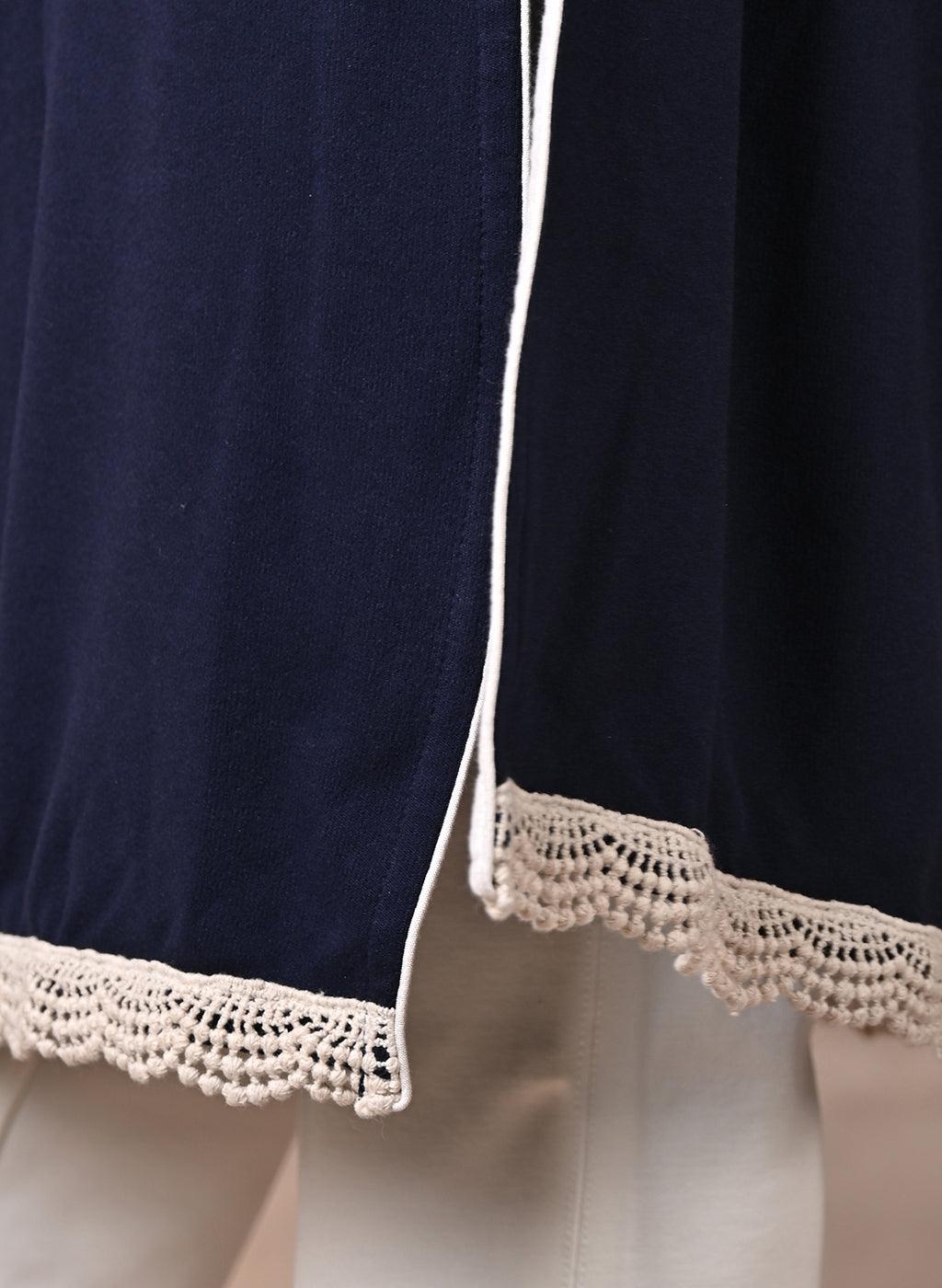 Navy Blue Woolen Kurta with Fine Embroidery - Lakshita