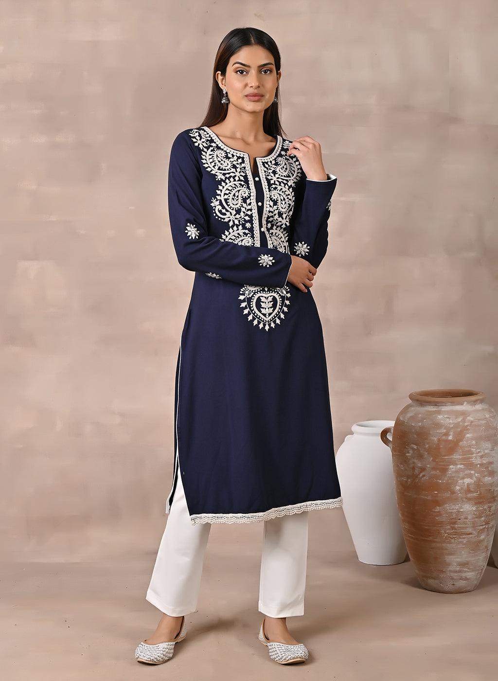 Navy Blue Woolen Kurta with Fine Embroidery - Lakshita