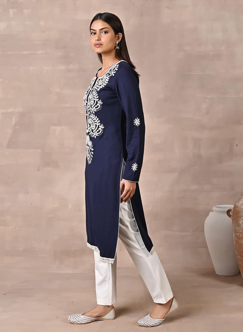 Navy Blue Woolen Kurta with Fine Embroidery - Lakshita