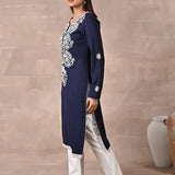 Navy Blue Woolen Kurta with Fine Embroidery - Lakshita