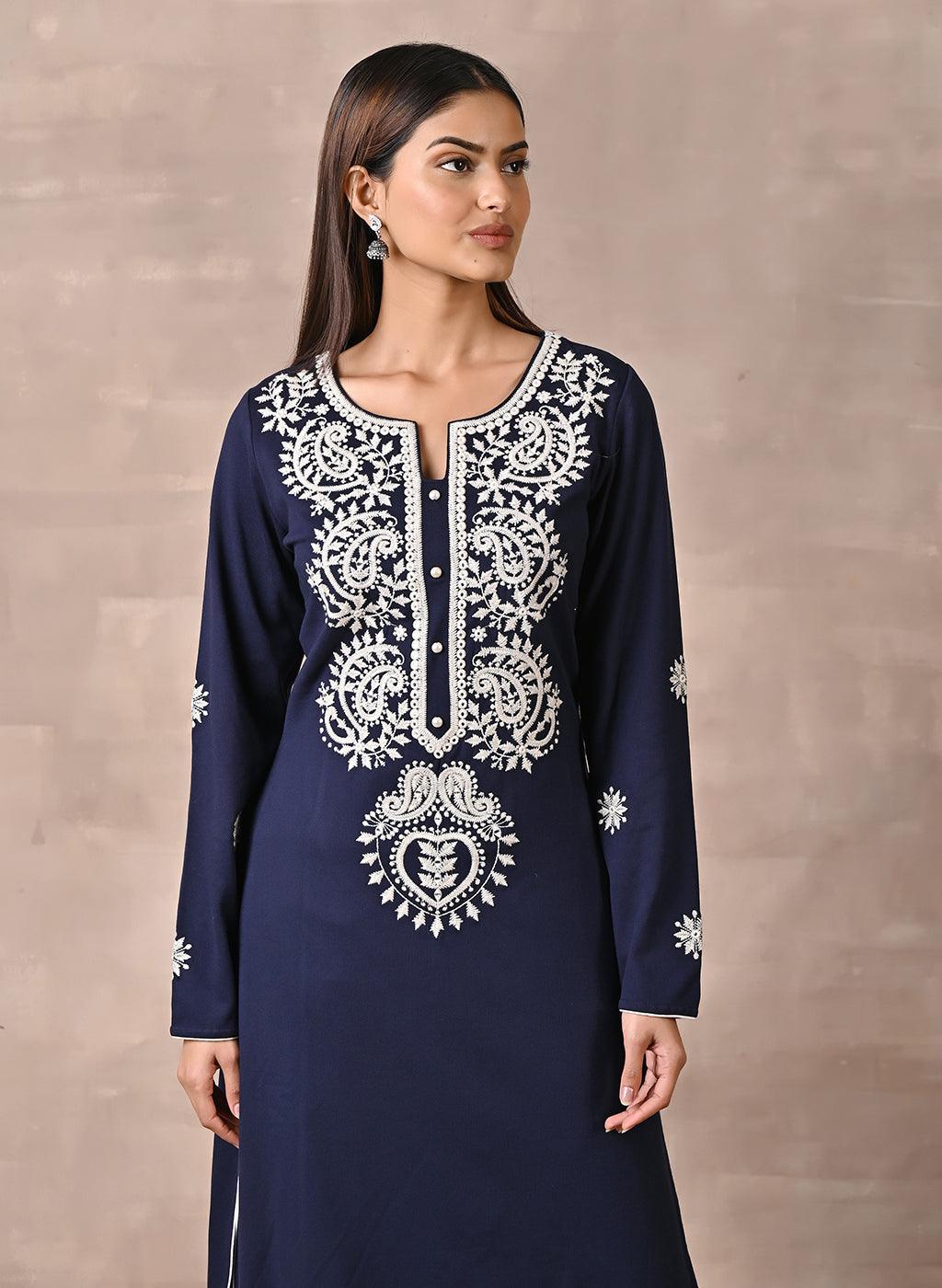 Navy Blue Woolen Kurta with Fine Embroidery - Lakshita