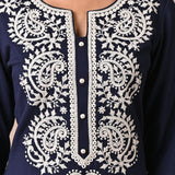 Navy Blue Woolen Kurta with Fine Embroidery - Lakshita