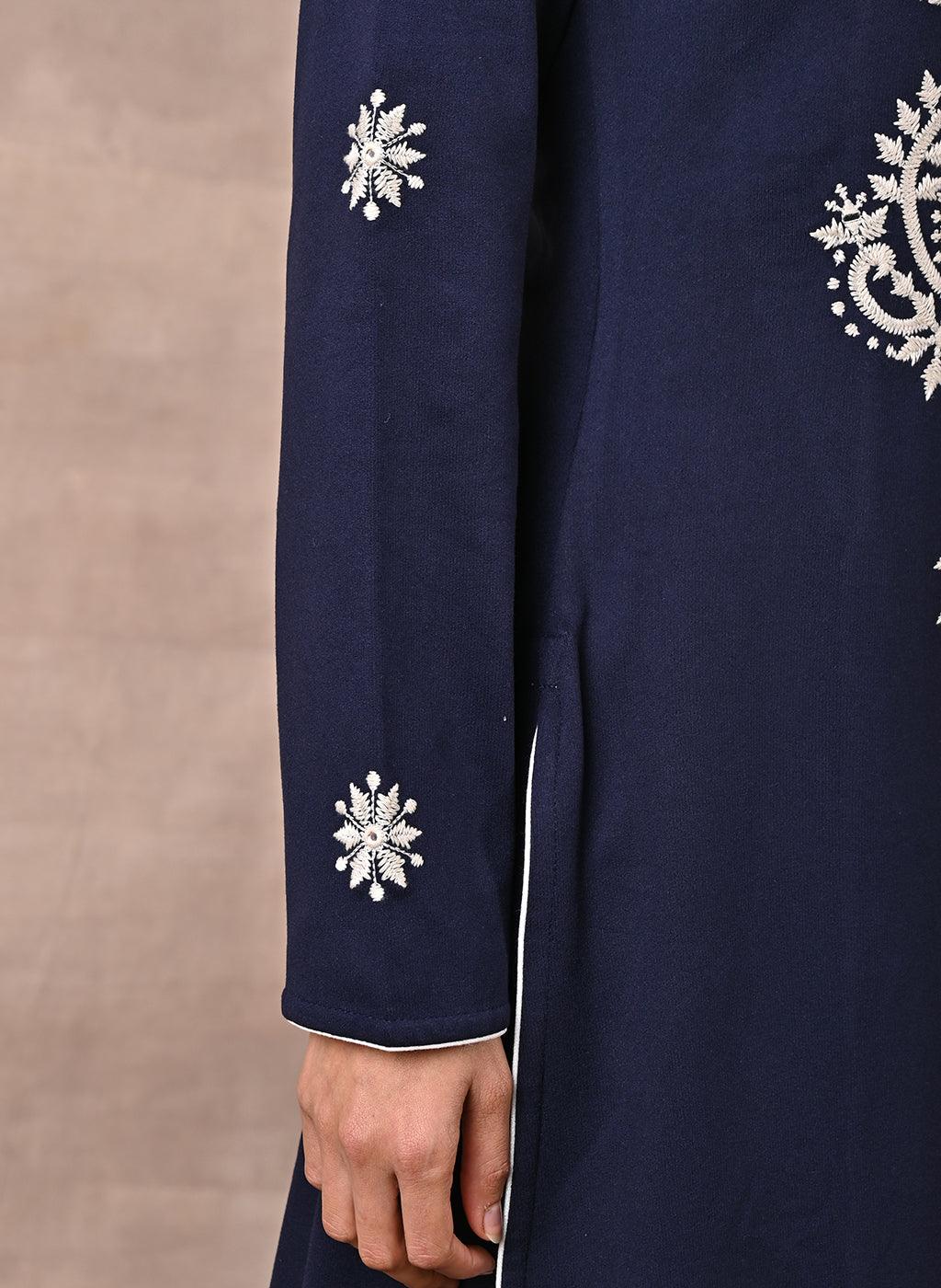 Navy Blue Woolen Kurta with Fine Embroidery - Lakshita