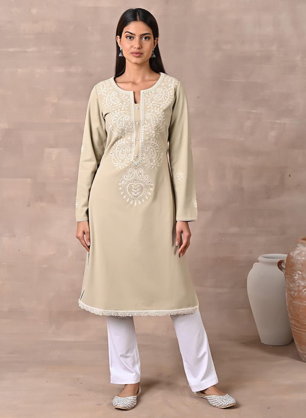 Beige Woolen Kurta with Fine Embroidery - Lakshita