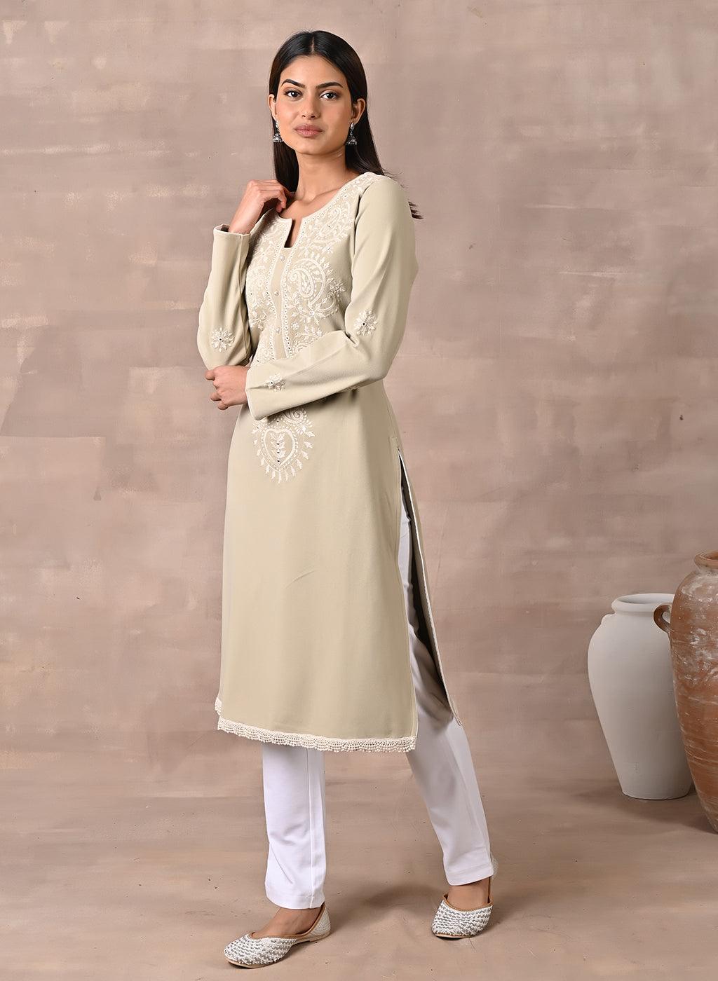 Beige Woolen Kurta with Fine Embroidery - Lakshita