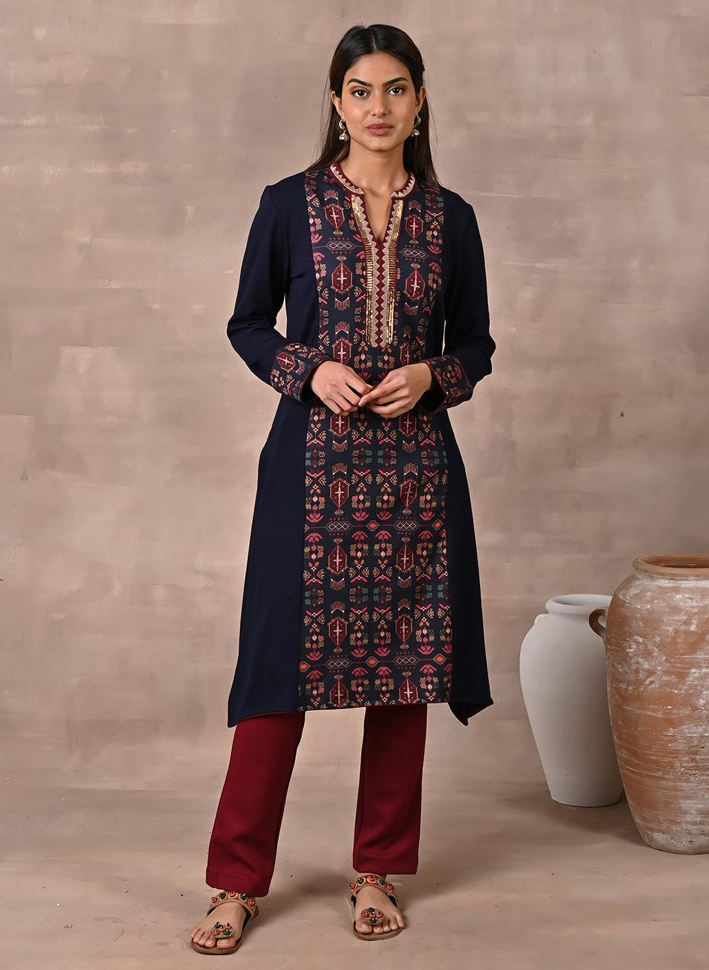 Midnight Blue Solid Kurta with Tribal Embroidery and Curved Hem ...