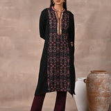 Black Solid Kurta with Tribal Embroidery and Curved Hem - Lakshita