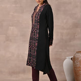 Black Solid Kurta with Tribal Embroidery and Curved Hem - Lakshita