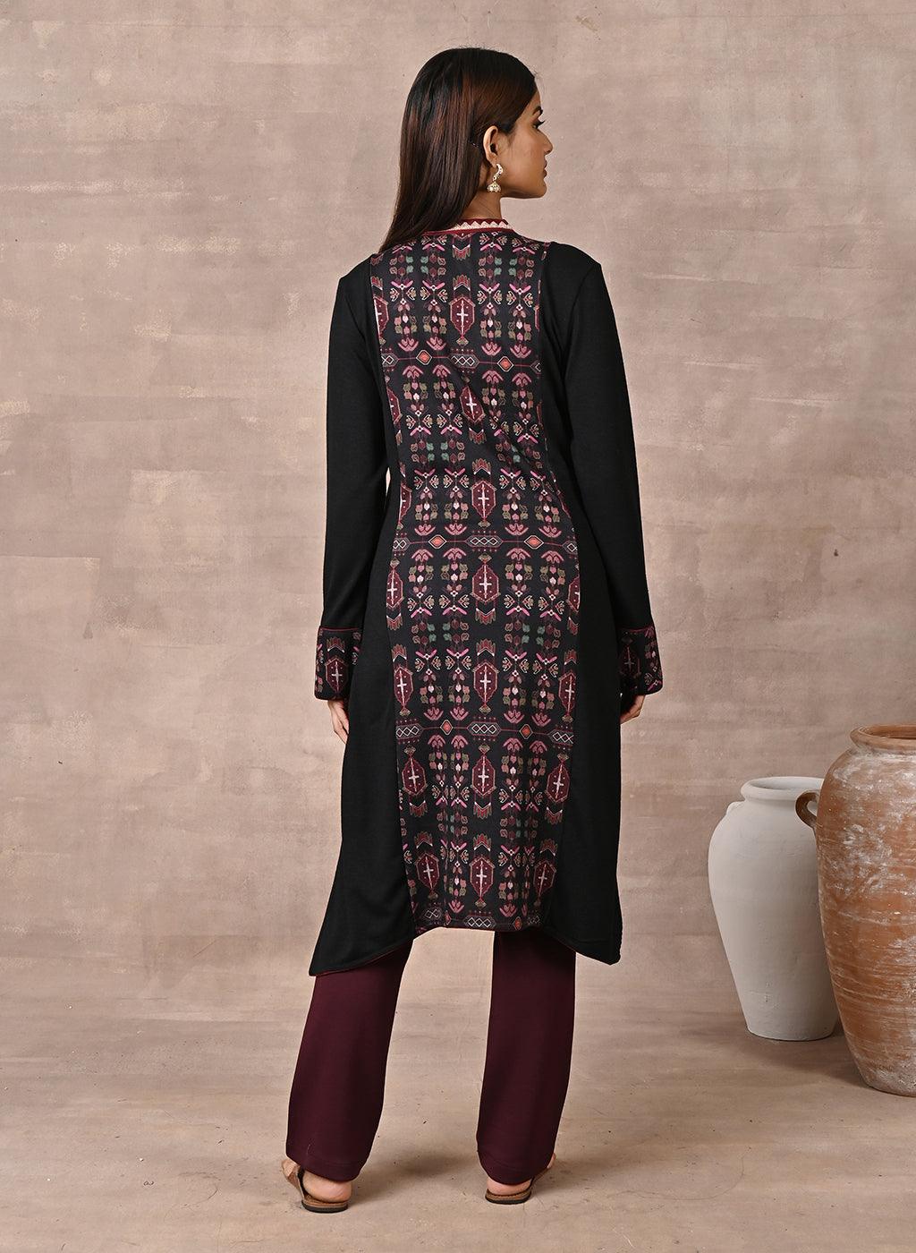 Black Solid Kurta with Tribal Embroidery and Curved Hem - Lakshita