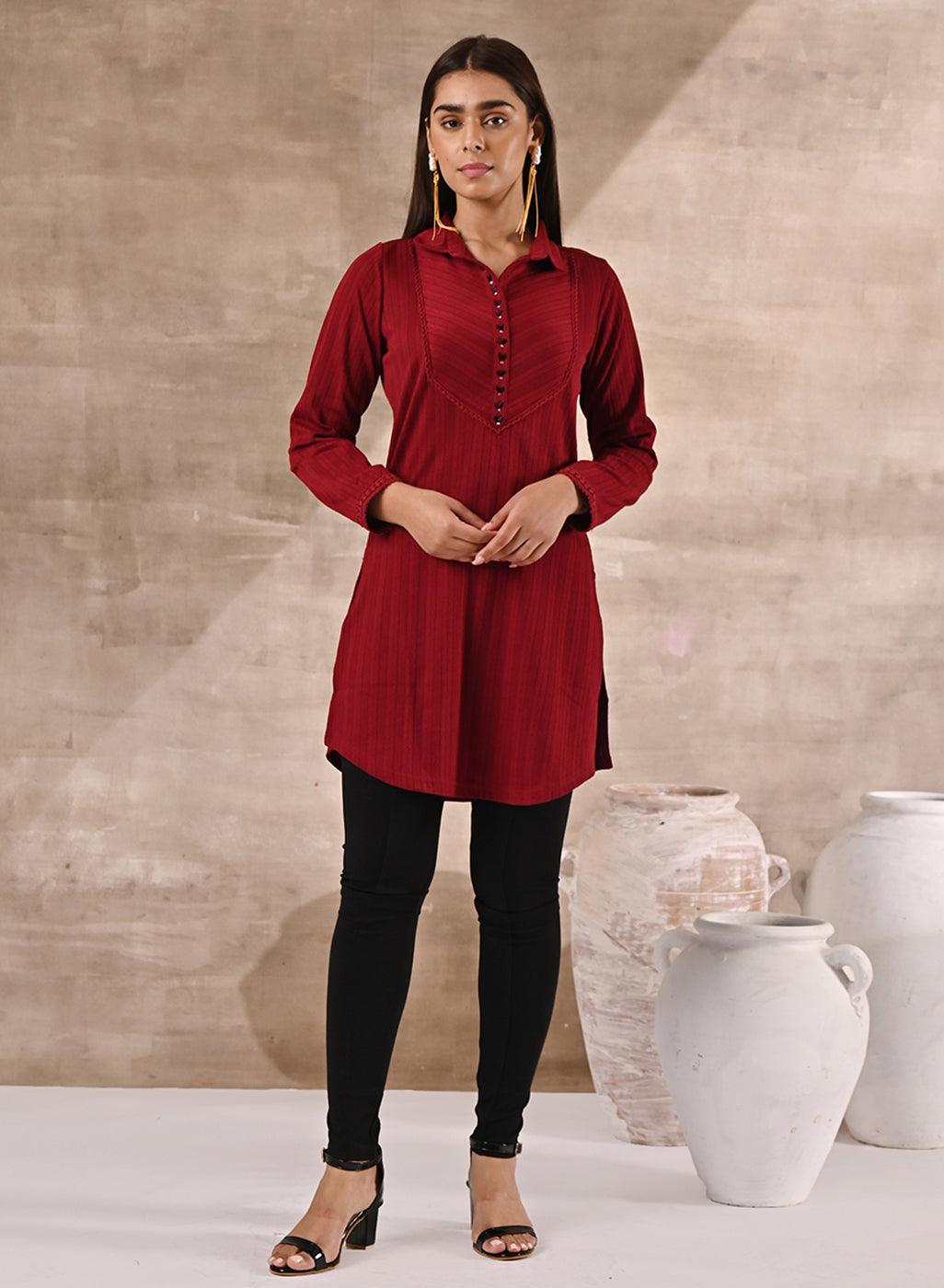 Red Textured Full Sleeve Kurti - Lakshita