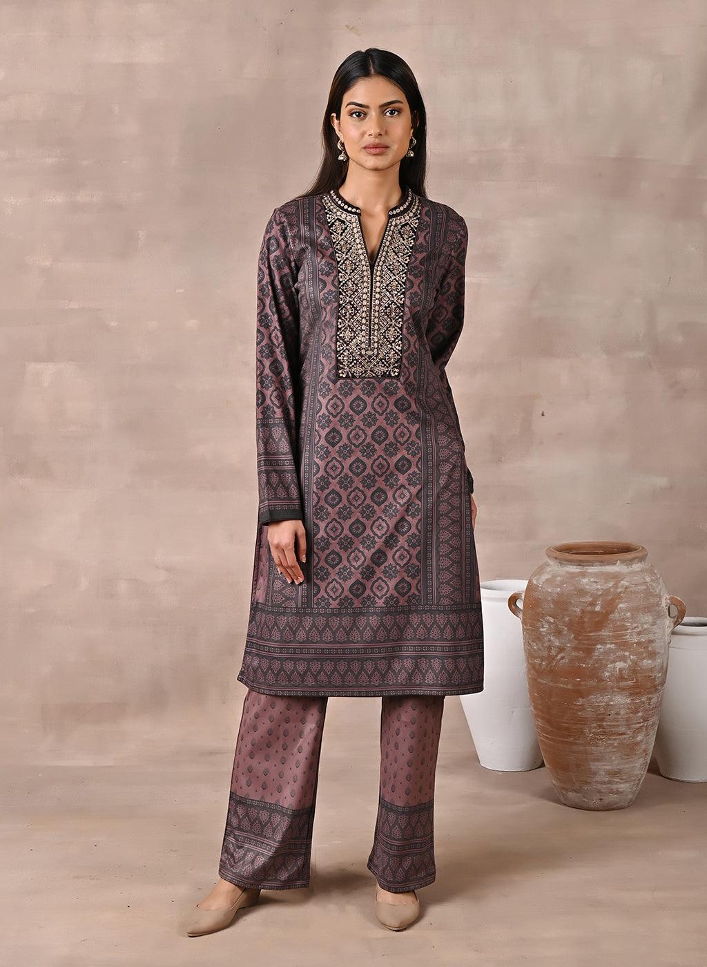 Brown Velvet Kurta Set with Zari & Sequin Work - Lakshita