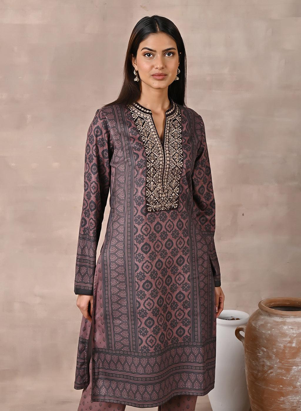 Brown Velvet Kurta Set with Zari & Sequin Work - Lakshita