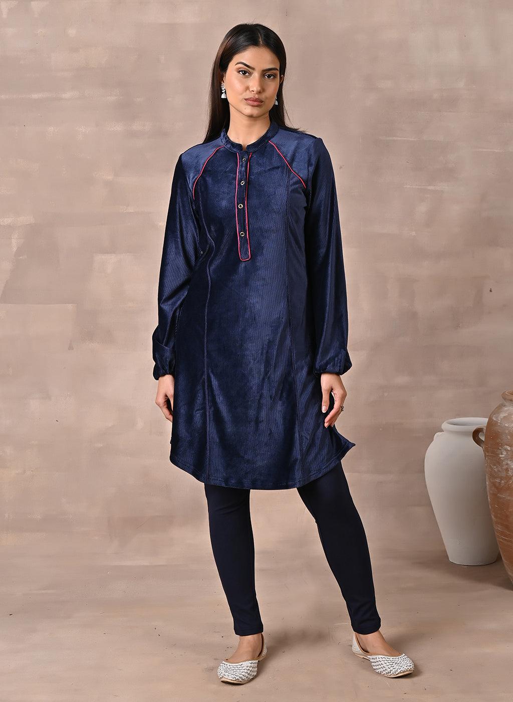 Navy Blue Princess Cut Solid Kurta with Gathered Sleeves - Lakshita