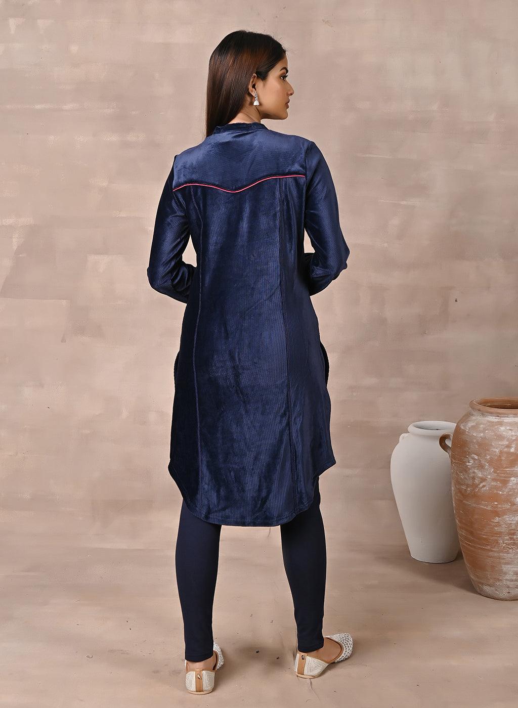 Navy Blue Princess Cut Solid Kurta with Gathered Sleeves - Lakshita