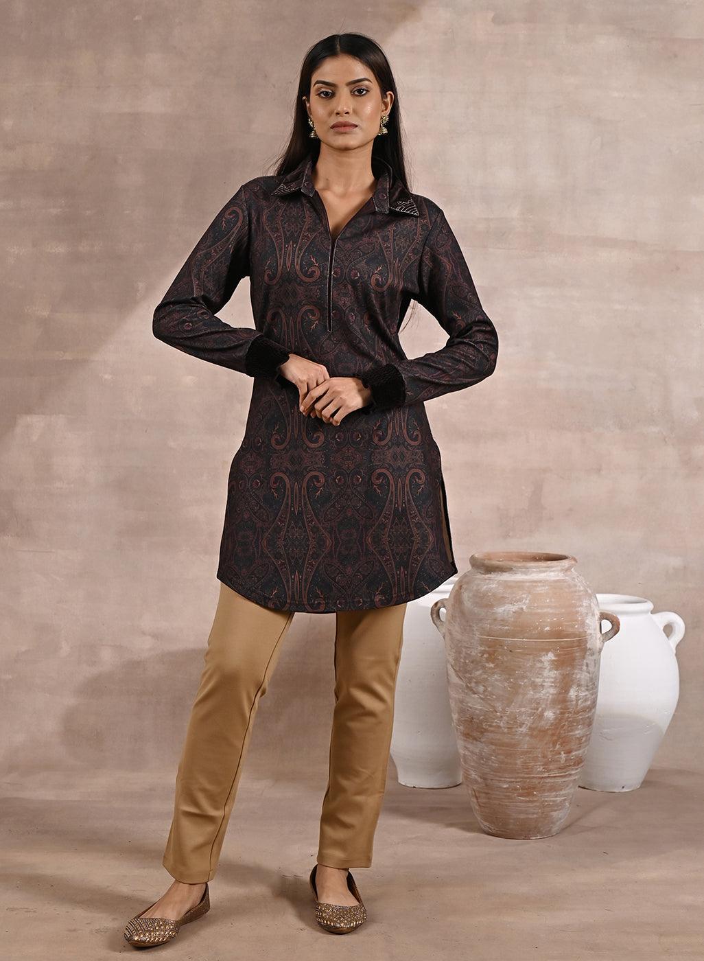 Black Printed Tunic with Embroidery on Collar - Lakshita