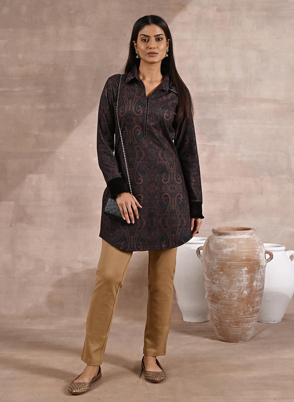 Black Printed Tunic with Embroidery on Collar - Lakshita