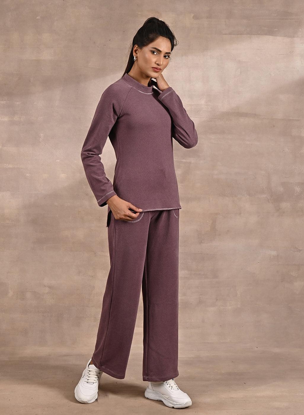 Maroon Full-Sleeve Round Neck Track Suit - Lakshita