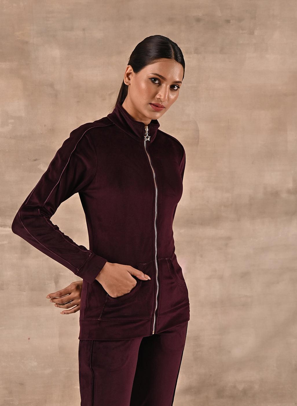 Maroon Tracksuit with Classic Collar and Zip Closure - Lakshita