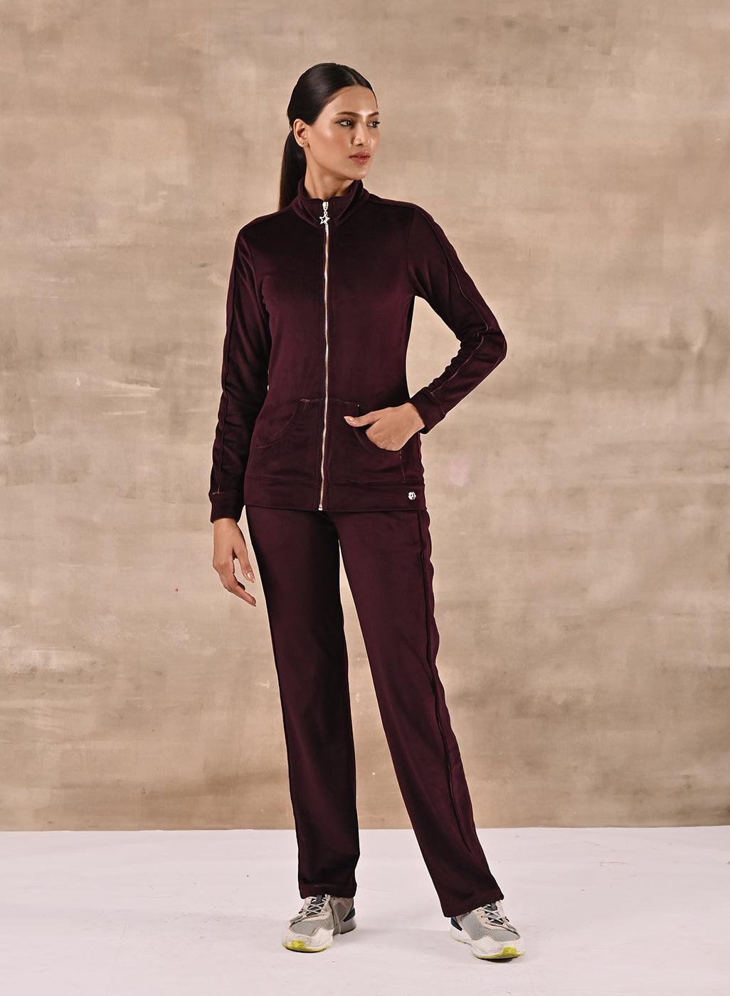 Maroon Tracksuit with Classic Collar and Zip Closure - Lakshita