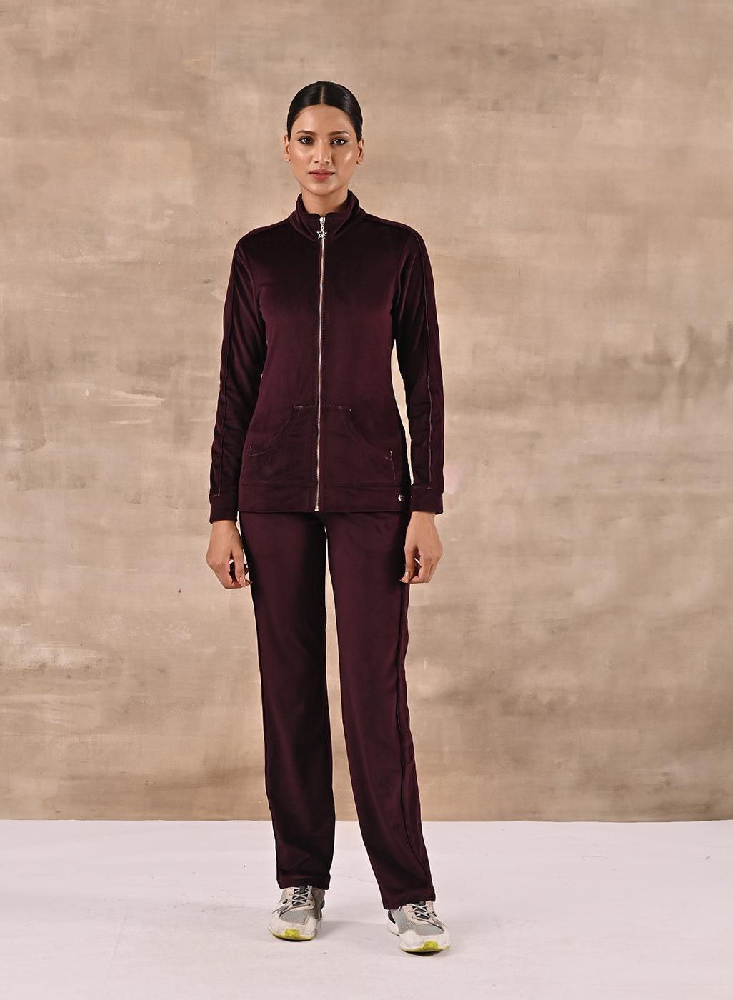 Maroon Tracksuit with Classic Collar and Zip Closure - Lakshita