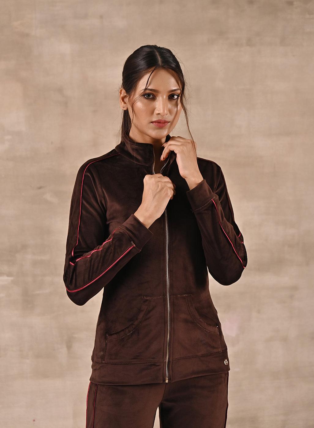 Brown Tracksuit with Classic Collar and Zip Closure - Lakshita