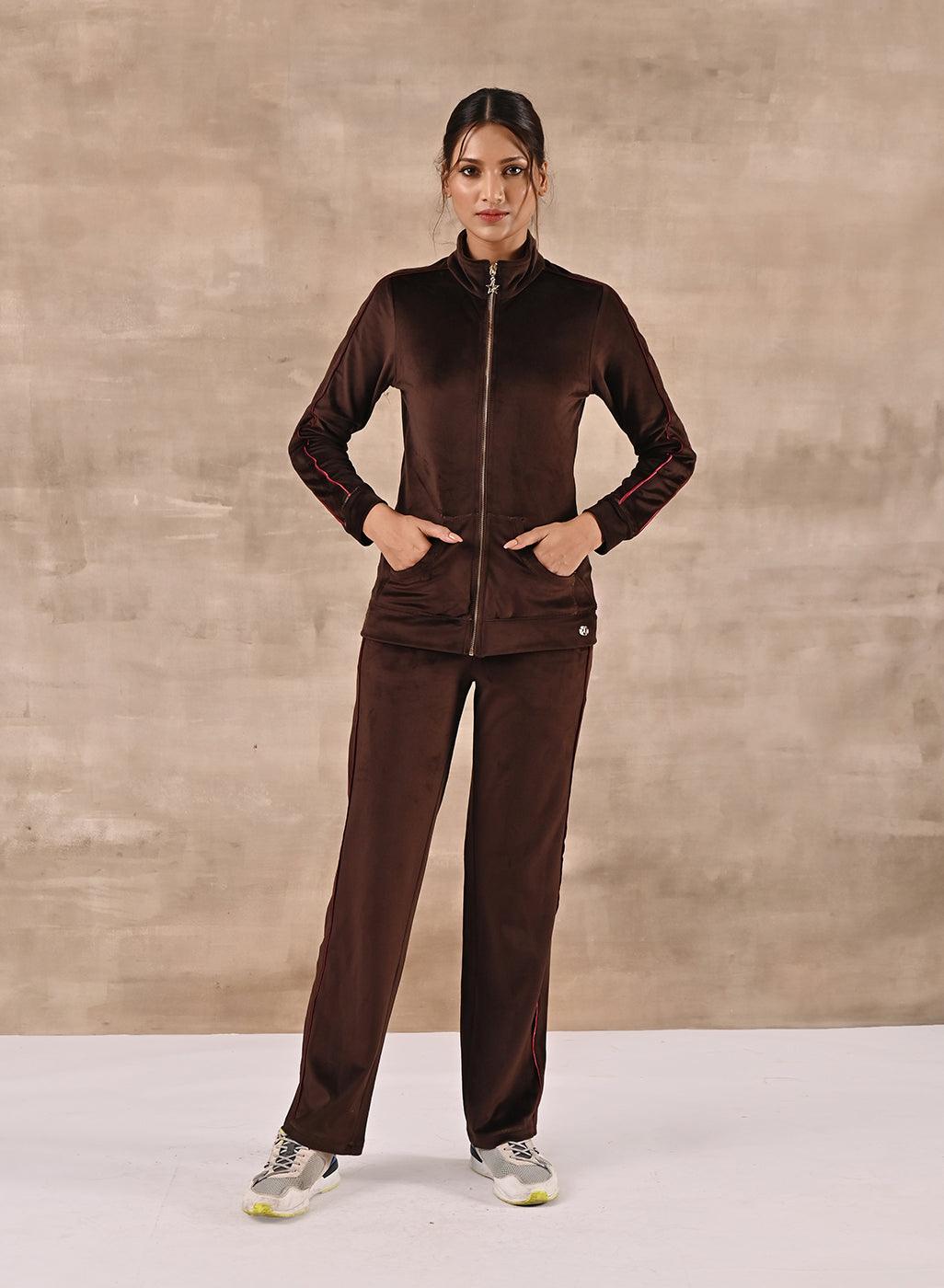 Brown Tracksuit with Classic Collar and Zip Closure - Lakshita