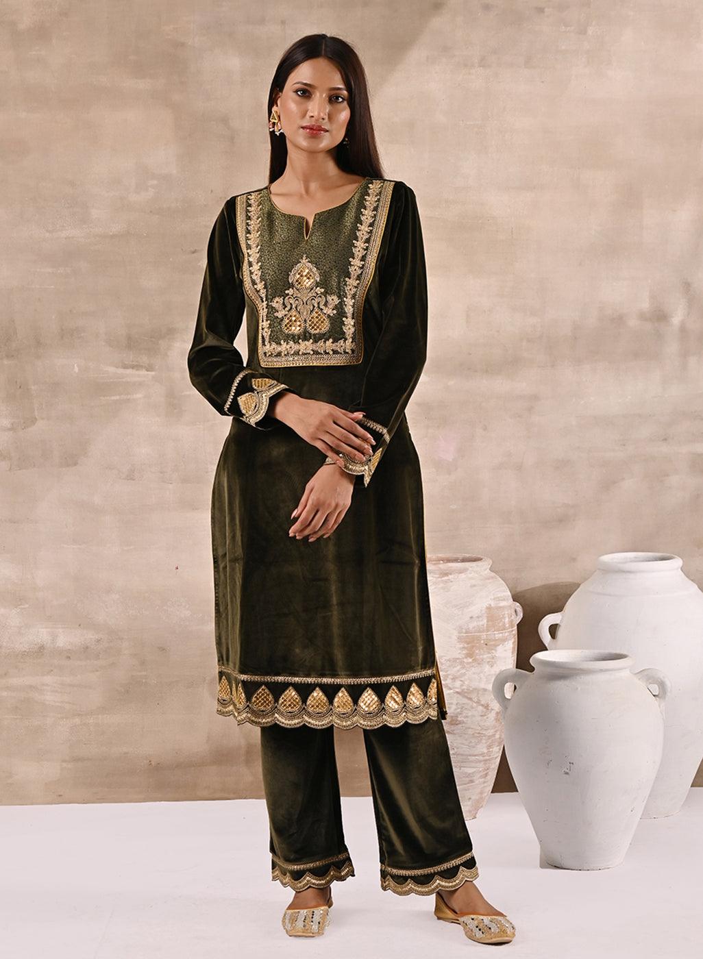 Olive Velvet Kurta Set With Heavy Front Yoke Zari Embroidery - Lakshita