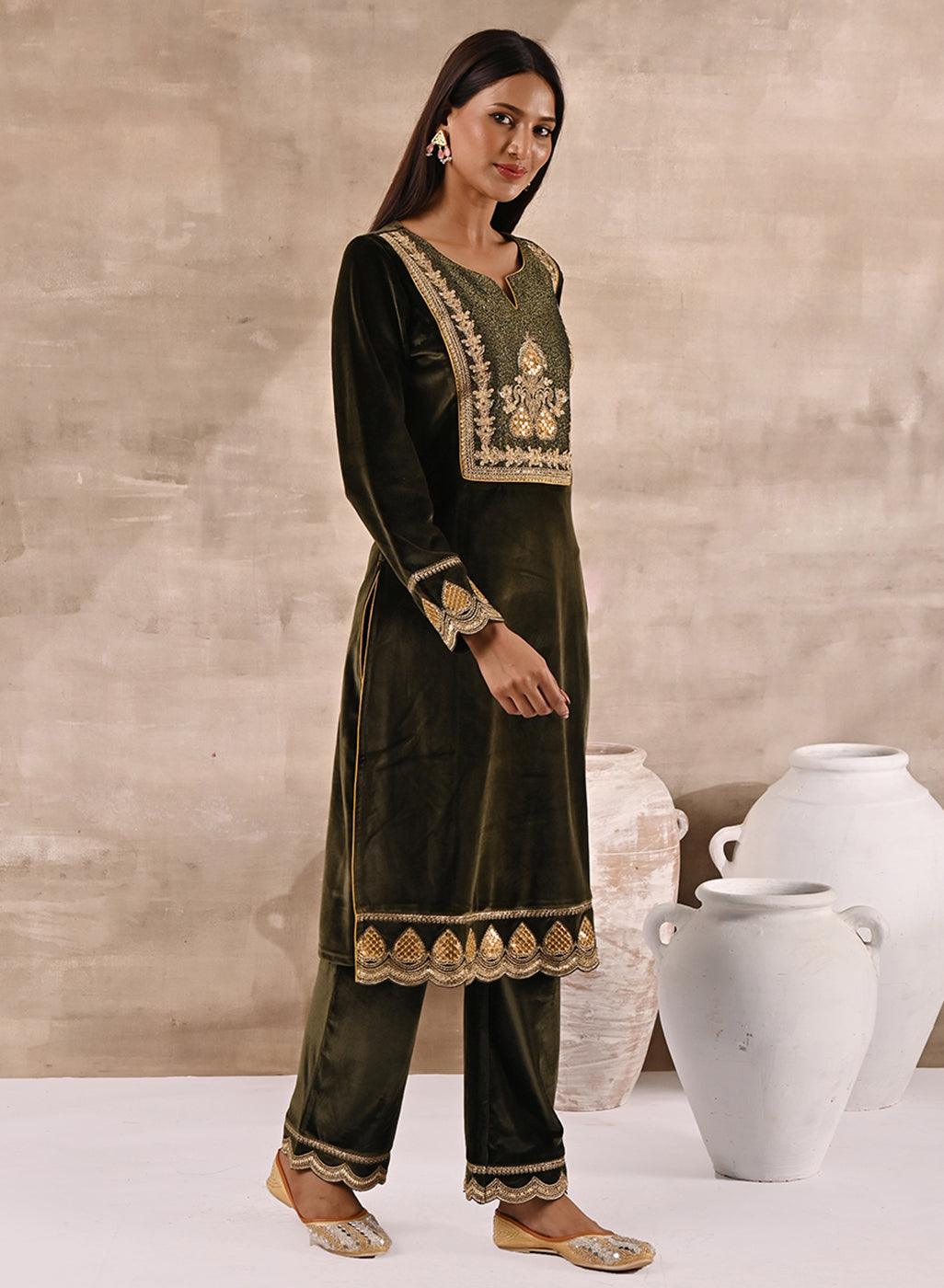 Olive Velvet Kurta Set With Heavy Front Yoke Zari Embroidery - Lakshita