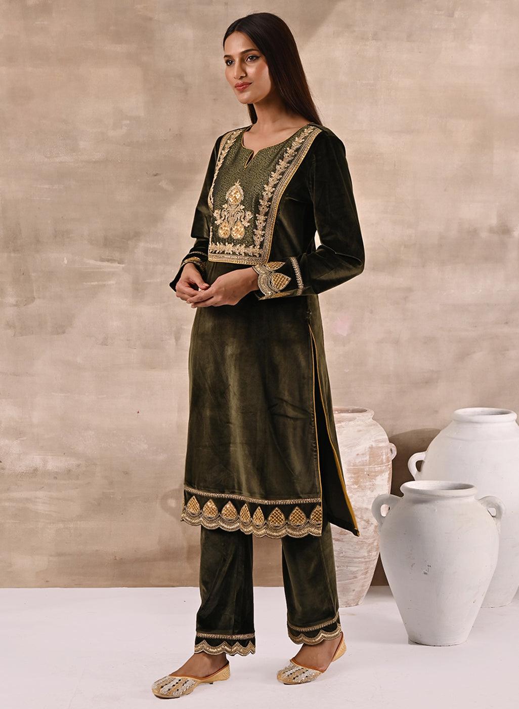 Olive Velvet Kurta Set With Heavy Front Yoke Zari Embroidery - Lakshita