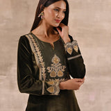 Olive Velvet Kurta Set With Heavy Front Yoke Zari Embroidery - Lakshita