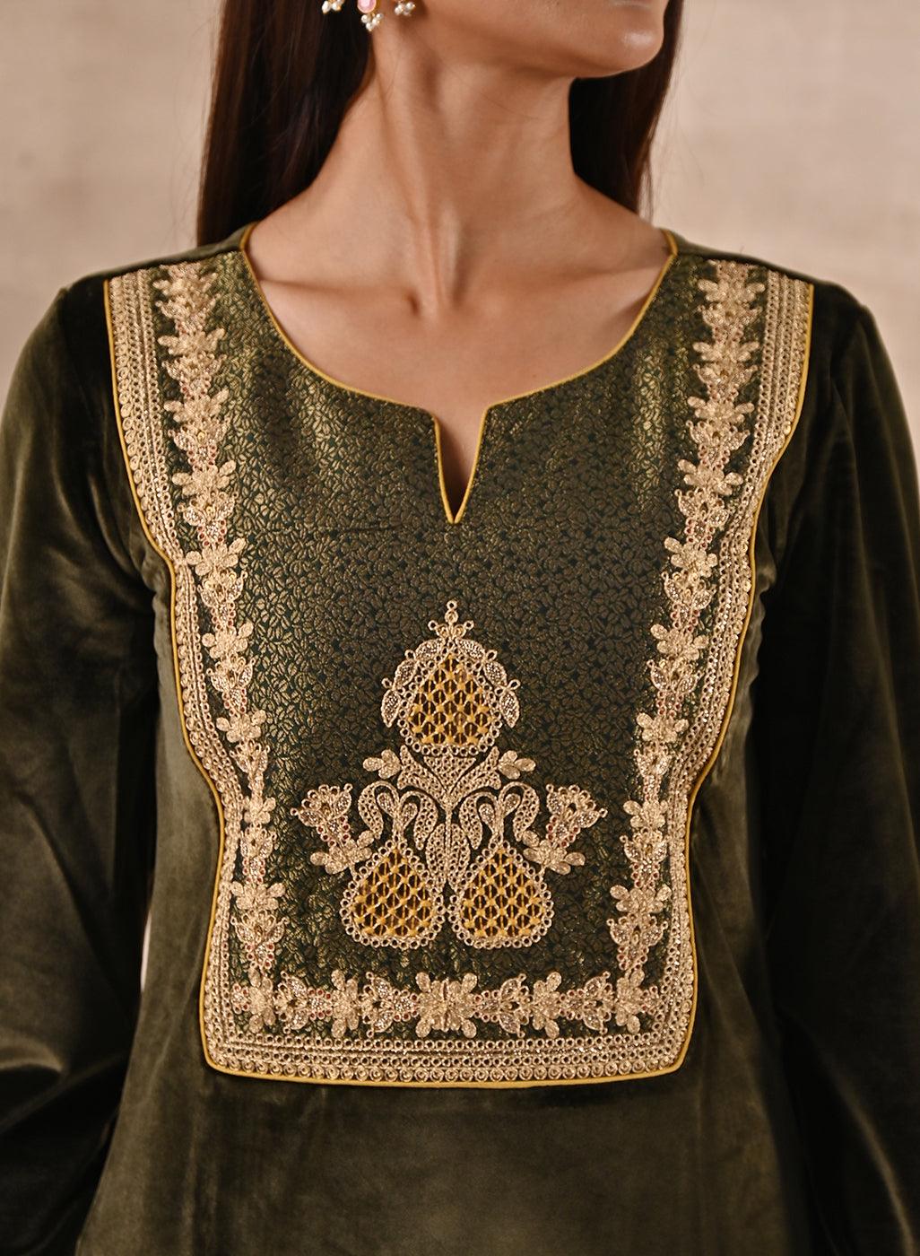 Olive Velvet Kurta Set With Heavy Front Yoke Zari Embroidery - Lakshita