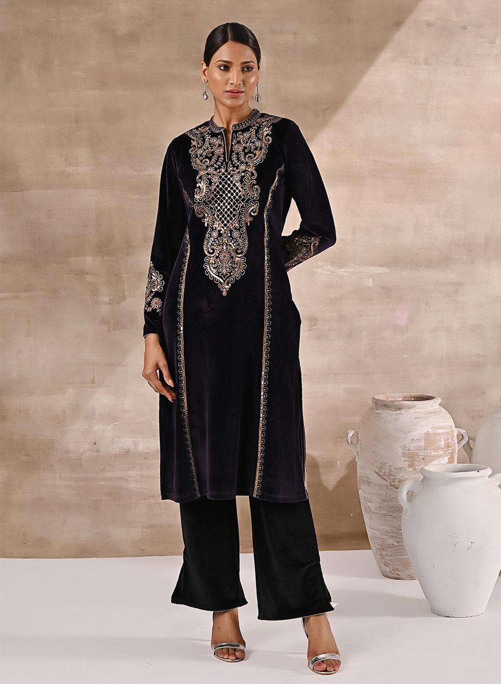 Purple Velvet Kurta With Geometrical Sequins Work - Lakshita