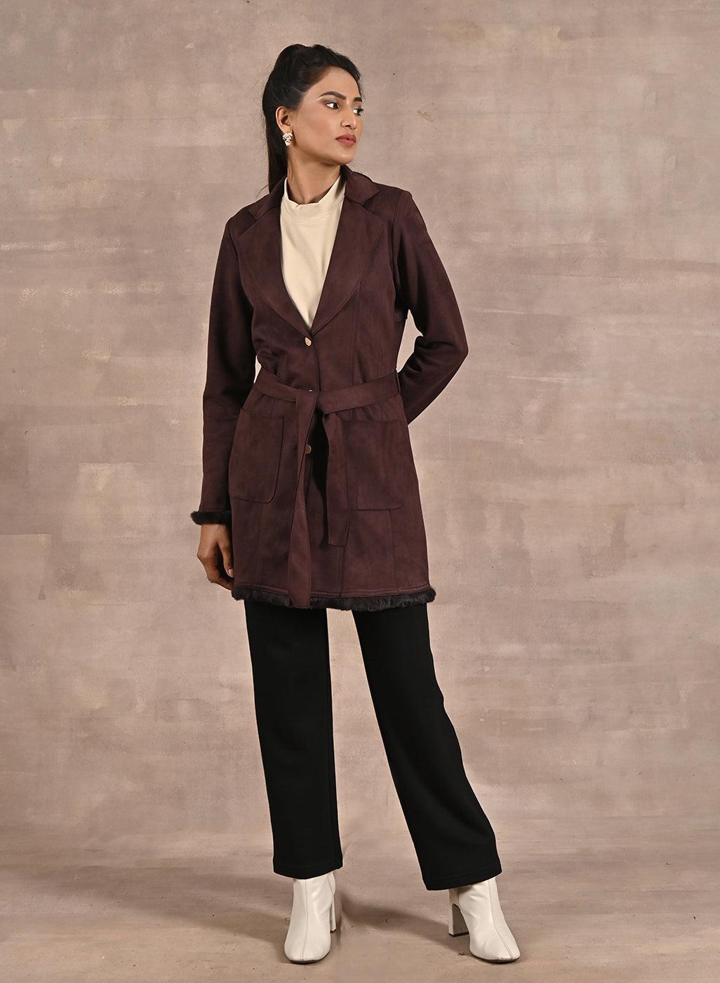 Brown Long Belted Trench Coat with Fur Detailing - Lakshita