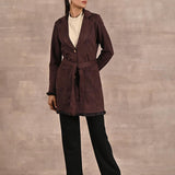 Brown Long Belted Trench Coat with Fur Detailing - Lakshita