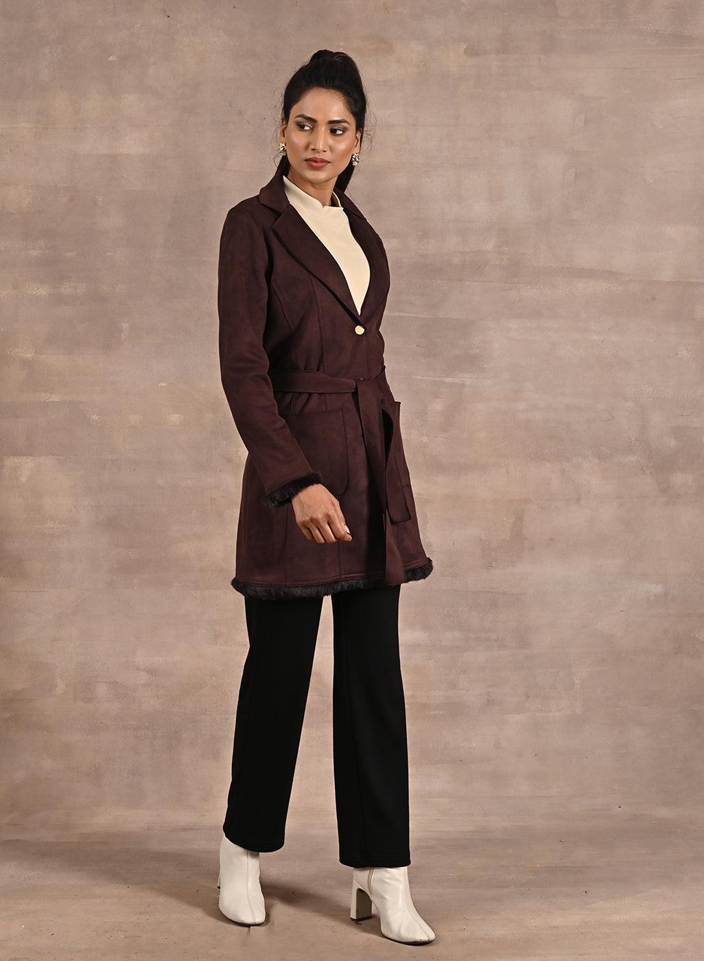 Brown Long Belted Trench Coat with Fur Detailing - Lakshita