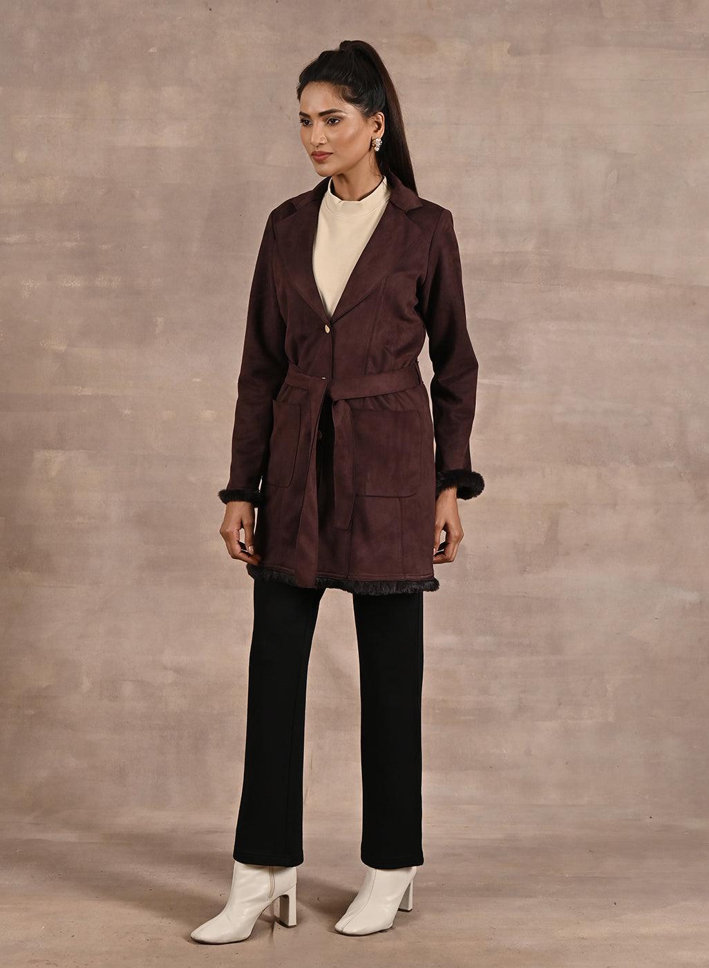 Brown Long Belted Trench Coat with Fur Detailing - Lakshita