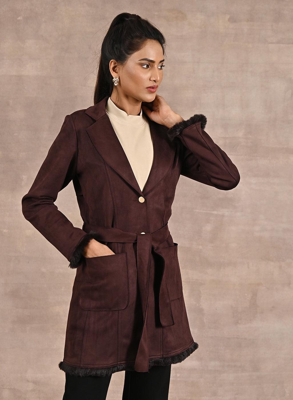 Brown Long Belted Trench Coat with Fur Detailing - Lakshita