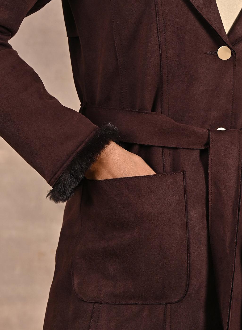 Brown Long Belted Trench Coat with Fur Detailing - Lakshita