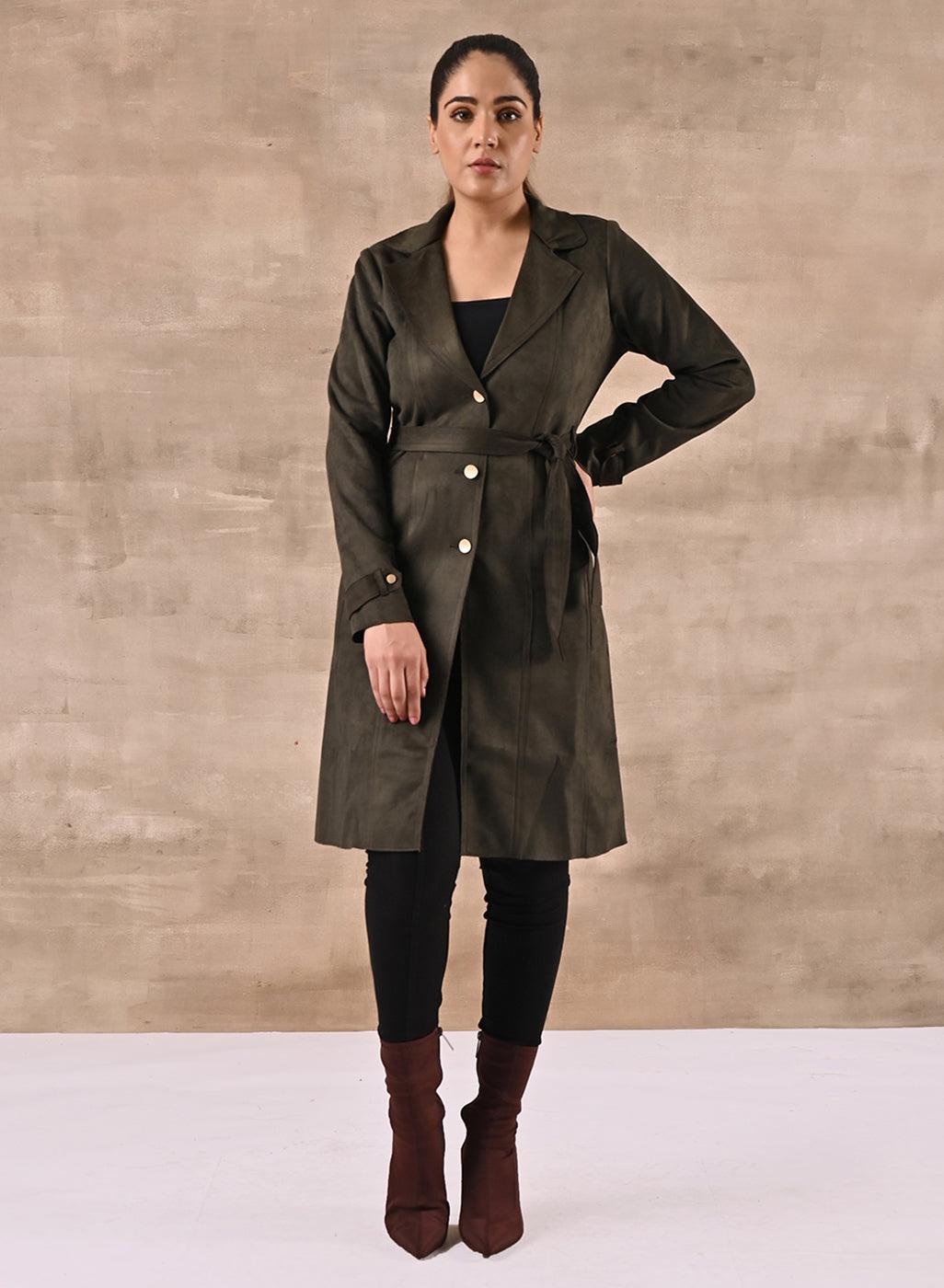 Green Full Sleeve Tie Belt Trench Coat - Lakshita