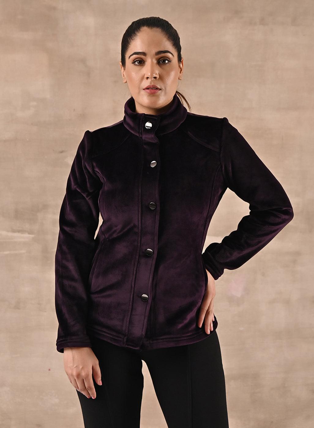 Purple Corduroy High Neck Jacket with Button Detailing - Lakshita