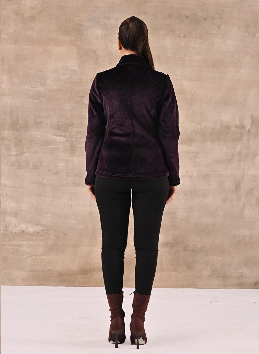 Purple Corduroy High Neck Jacket with Button Detailing - Lakshita