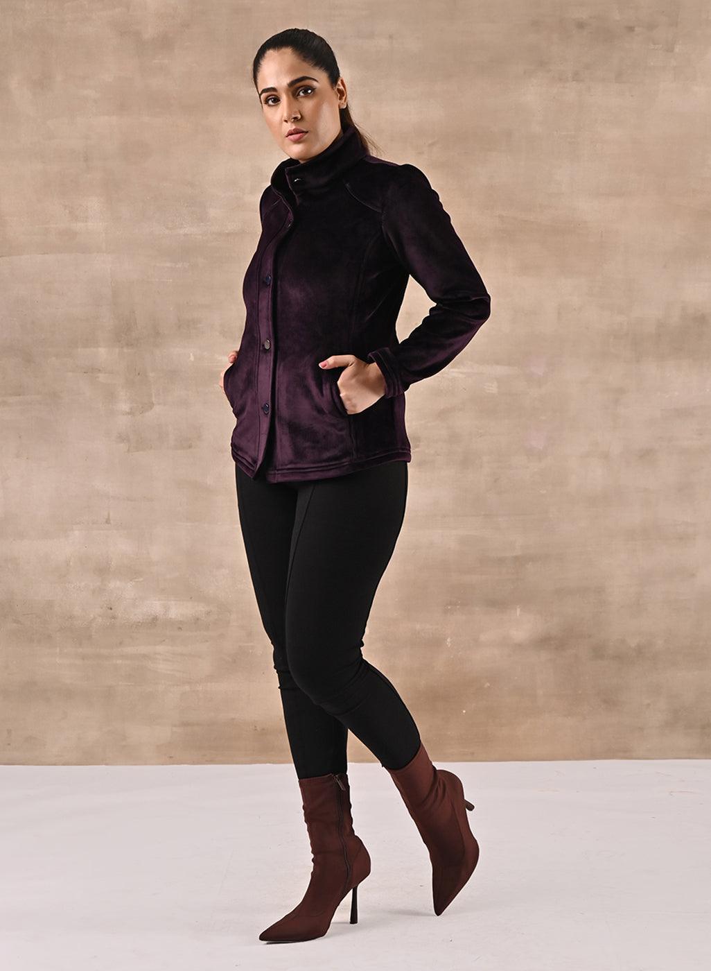 Purple Corduroy High Neck Jacket with Button Detailing - Lakshita