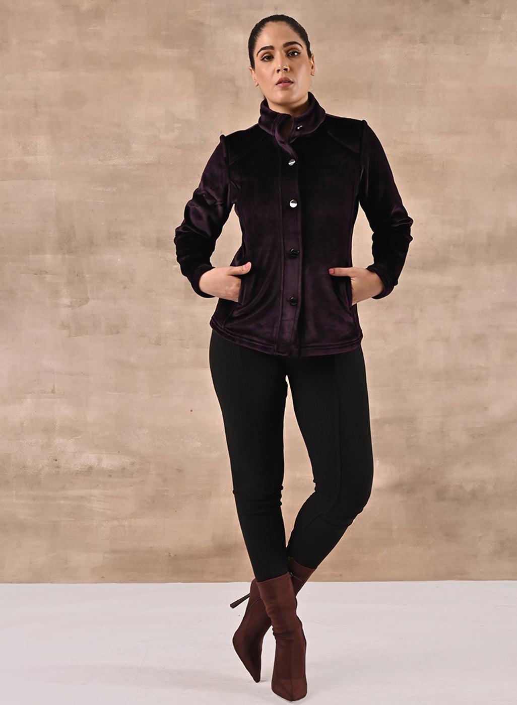 Purple Corduroy High Neck Jacket with Button Detailing - Lakshita