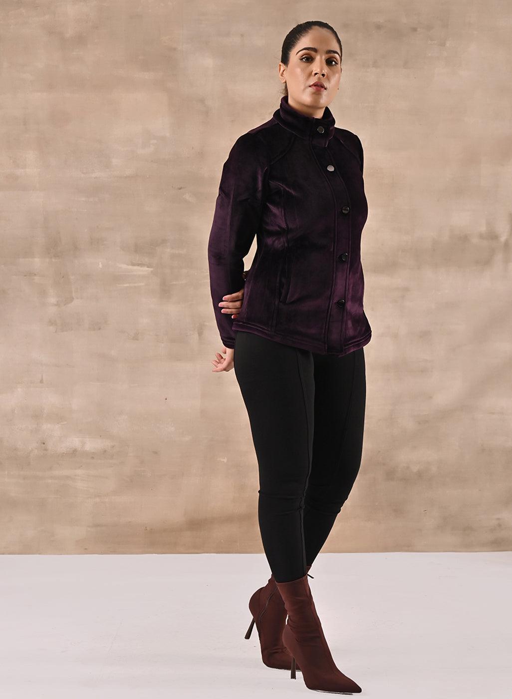 Purple Corduroy High Neck Jacket with Button Detailing - Lakshita